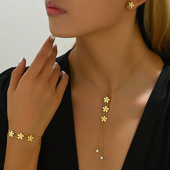 Наборы из цветочных лариатов из нержавеющей стали с кристаллами и стразами, серьги-гвоздики и браслеты для женщин