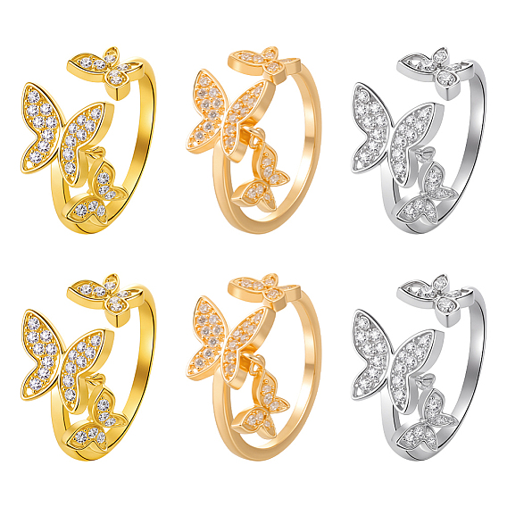 6 шт. 3 цветные латунные кольца-манжеты с микропаве из кубического циркония, бабочка