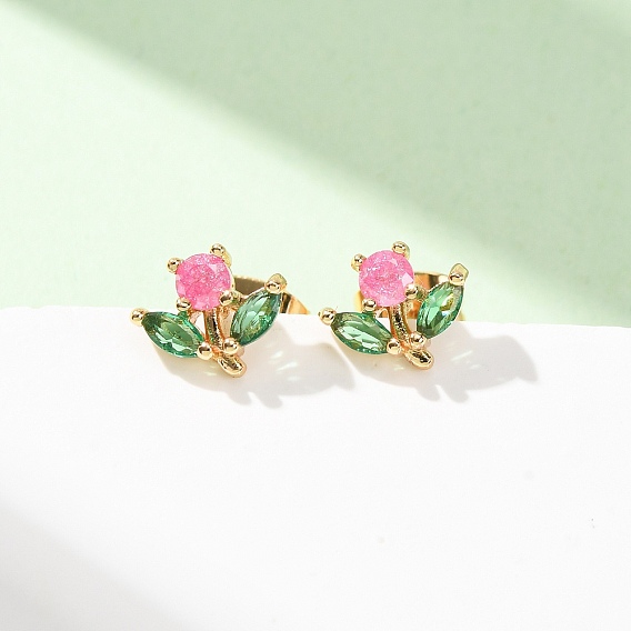 Brass Micro Pave Cubic Zirconia Stud Earrings for Women, Flower
