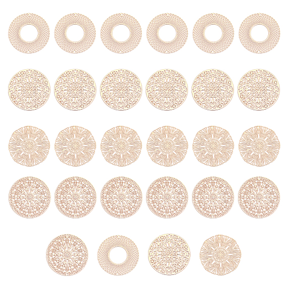 32шт. 4 стили латунные филигранные соединительные элементы звенья, гравированные металлические украшения, плоско-круглые