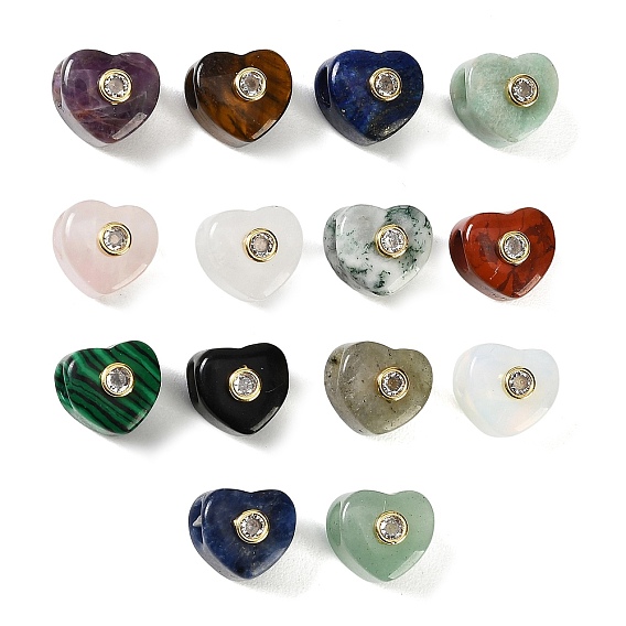 Granos europeos de piedras preciosas, corazón cuentas grandes hoyos, con detalles de latón dorado micro pavé de circonita cúbica transparente