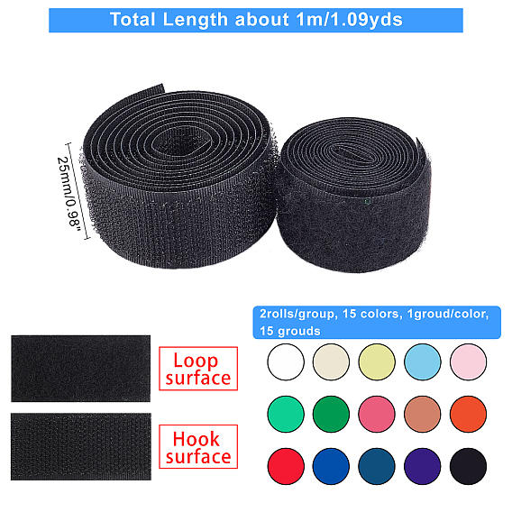 15 Grouds 15 Colors Adhesive Hook and Loop Tapes, Magic Taps with 50% Nylon and 50% Polyester