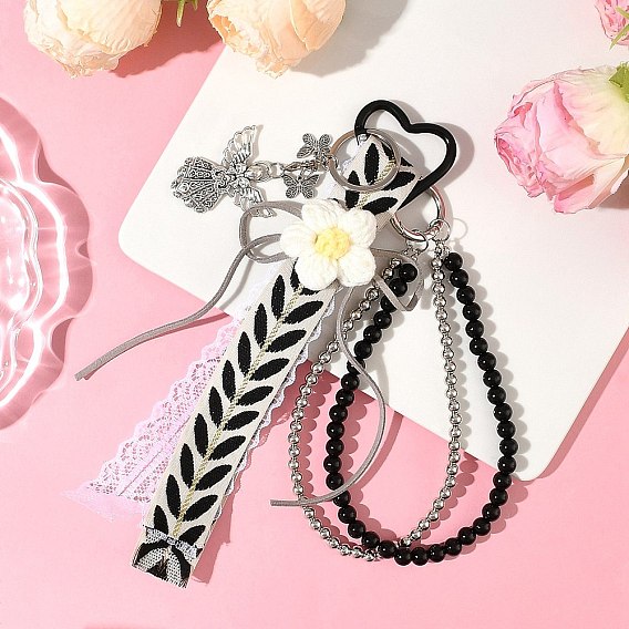 Подвеска в виде ангела-цветка из полиэфирного кружева, пластиковых бусин и сплава, античное серебро