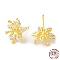 925 Sterling Silver Stud Earring Findings, with Cubic Zirconia, Flower, for Half Drilled Beads