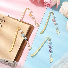 Natural White Jade & Topaz Jade & Aquamarine & Ametrine & Cherry Quartz Glass Chips & Stainless Steel Pendants Moon Charm Bookmarks, Alloy Hook Bookmarks