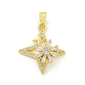 Rack Plating Brass Clear Cubic Zirconia Pendants, Long-Lasting Plated, Lead Free & Cadmium Free, Star with Flower Rotatable Charms