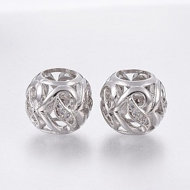 Brass Micro Pave Cubic Zirconia European Beads, Large Hole Beads, Hollow, Rondelle, Clear