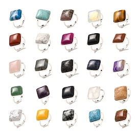 Natural & Synthetic Gemstone Adjustable Rings, with Brass Base Findings, Lead Free & Cadmium Free, Rhombus