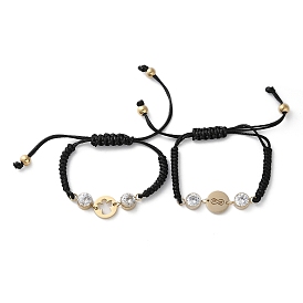 Плоские круглые 304 из нержавеющей стали ссылка браслет, регулируемые плетеные браслеты из нейлонового шнура для женщин, со стразами, ионное покрытие (ip)