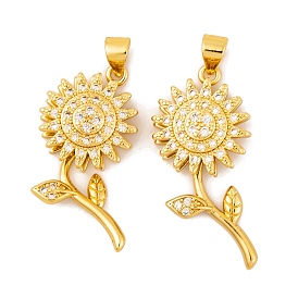 Brass Micro Pave Cubic Zirconia Pendants, Real 18K Gold Plated Sunflower Charms