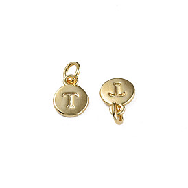 Brass Charms, with Jump Rings, Nickel Free, Flat Round with Letter.T