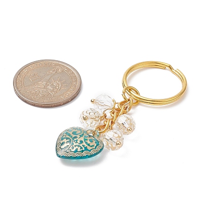 Golden Metal Enlaced Heart Acrylic Pendant Keychain, with Iron Split Key Rings and Glass Charm