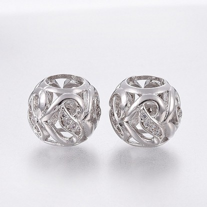 Brass Micro Pave Cubic Zirconia European Beads, Large Hole Beads, Hollow, Rondelle, Clear