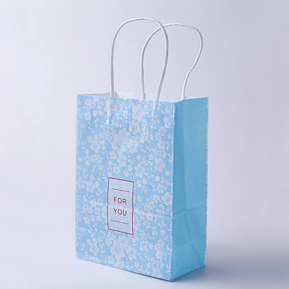 kraft Paper Bags, with Handles, Gift Bags, Shopping Bags, Rectangle, Flower Pattern