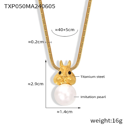 Cute Stainless Steel & Plastic Imitation Pearl Pendant Neckalces for Women, with Snake Chains, Rabbit