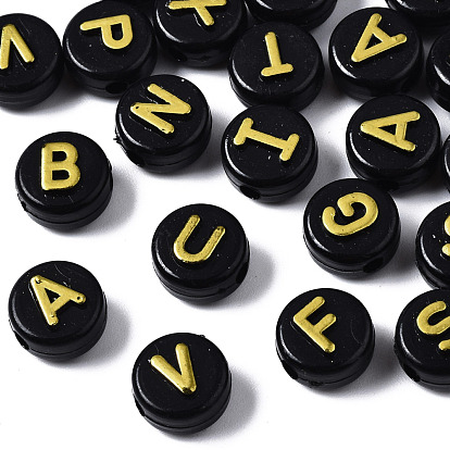 Opaque Black Acrylic Beads, Flat Round with Random Letters