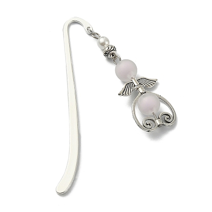 Alloy Hook Bookmarks, with Frosted Acrylic Beads, Wing & Heart Pendant Book Marker