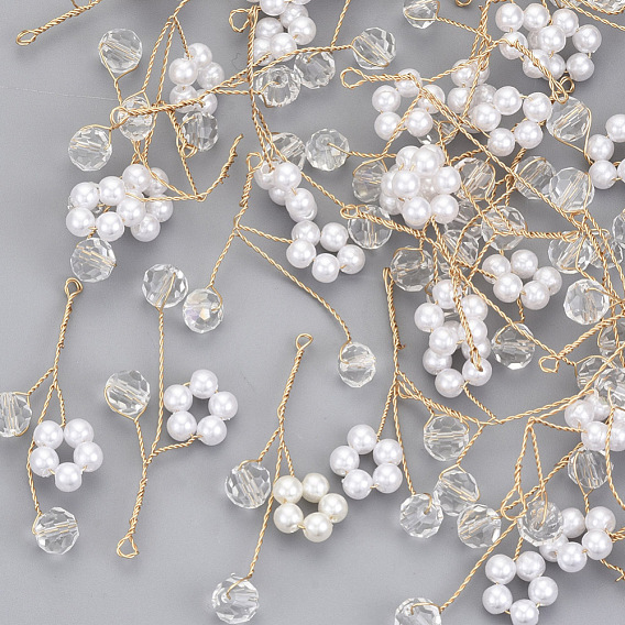 ABS Plastic Imitation Pearl Pendants, with Glass and Light Gold Plated Brass Wire, Flower