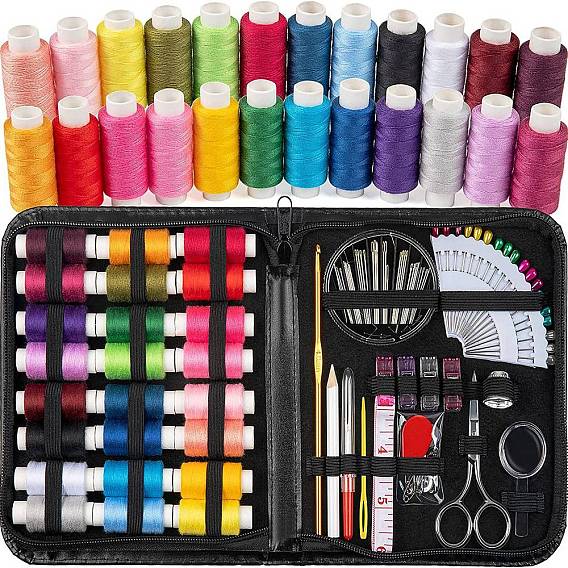 Sewing Tool Sets, including Stainless Steel Scissor, Polyester Thread, Needles Box, Needle Threaders, Button, Iron Thimble, Tape Measure, Sewing Seam Rippers, Head Pins, Safety Pin, Zipper Storage Bag