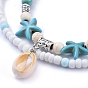 Cowrie Shell Anklets, with Turquoise Beads and Glass Seed Beads, Tibetan Style Alloy Beads, Zinc Alloy Lobster Claw Clasps