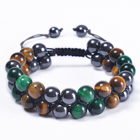 Natural Green Tiger Eye Stone Bracelet with Double-layered Black Magnetic Beads