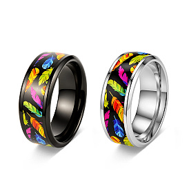 Printed 304 Stainless Steel Finger Rings, Feather