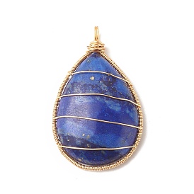 Dyed Natural Lapis Lazuli Pendants, with Copper Wire Wrapped, Teardrop Charms, Golden