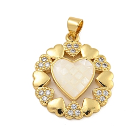 Heart Rack Plating Brass Micro Pave Cubic Zirconia Pendants, with Natural Shell and Enamel, Long-Lasting Plated, Cadmium Free & Lead Free