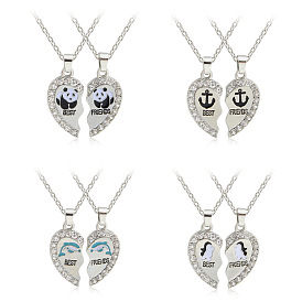 Sparkling Best Friends Anchor Pendant Necklace for Fashionable Panda, Dolphin and Penguin - Heart-Shaped Diamond Inlaid Friendship Jewelry