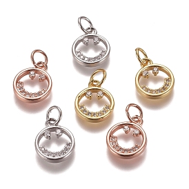 Brass Micro Pave Clear Cubic Zirconia Charms, with Jump Rings, Smiling Face