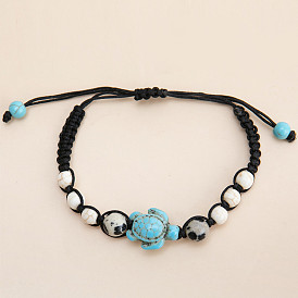 Handmade Adjustable Turquoise Turtle Bracelet with Flower Stone Pendant