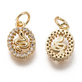 Brass Micro Pave Clear Cubic Zirconia Charms, Long-Lasting Plated, with Jump Ring, Oval with Snake