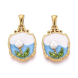 304 подвески из нержавеющей стали, эмали и искусственного жемчуга из АБС-пластика, подвески-самородки с цветочным узором, золотые