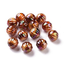 UV Plating Rainbow Iridescent Acrylic Beads, with Gold Foil, Grooved Beads, Round