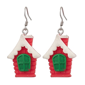 Christmas Resin Dangle Earrings, with 304 Stainless Steel Earring Hooks, House, Red