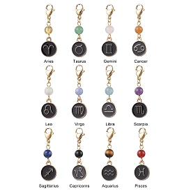 12шт. сплав эмали плоский круглый с 12 созвездиями подвесные украшения, натуральные и синтетические драгоценные камни и застежки-клешни лобстера подвески украшения