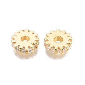 Brass Pave Cubic Zirconia Beads, Nickel Free, Real 18K Gold Plated, Flat Round