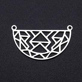 201 Stainless Steel Pendants, Filigree Joiners Findings, Laser Cut, Half Round with Geometric Figure