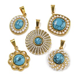 Ion Plating(IP) 304 Stainless Steel Pave Synthetic Turquoise Pendants, with ABS Plastic Pearl, Golden