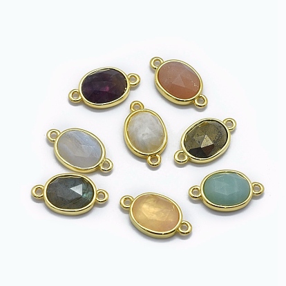 Natural Gemstone Links Connectors, with Golden Tone Brass Findings, Oval, Faceted