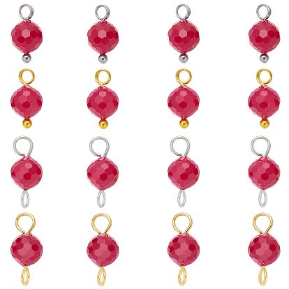 16pcs 4 styles Breloques en corindon rouge de laboratoire avec breloques de connexion pierre de naissance de juillet, avec 304 accessoires en acier inoxydable, ronde