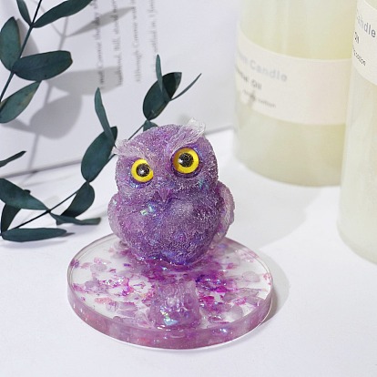 Resin Owl Mobile Phone Holders, with Natural Gemstone Chips inside Statues for Home Office Decorations