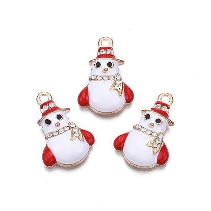 Christmas Alloy Enamel Pendants, with Crystal Rhinestone, Cadmium Free & Lead Free, Light Gold, Snowman