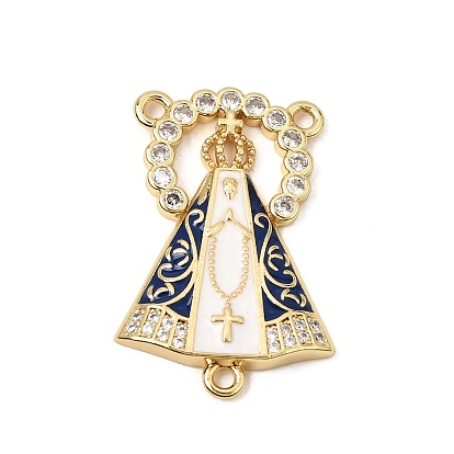 Brass Micro Pave Clear Cubic Zirconia Chandelier Component Charms, Our Lady of Aparecida Links, with Enamel, Rack Plating, Long-Lasting Plated, Cadmium Free & Lead Free, Real 18K Gold Plated