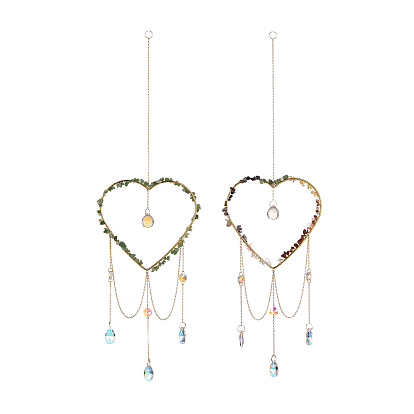 Crystal Chandelier Glass Teardrop Pendant Decorations, Hanging Sun Catchers, with Natural & Synthetic Gemstone Chips Beads, Heart