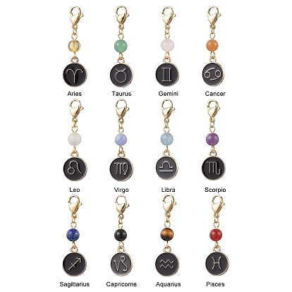 12шт. сплав эмали плоский круглый с 12 созвездиями подвесные украшения, натуральные и синтетические драгоценные камни и застежки-клешни лобстера подвески украшения