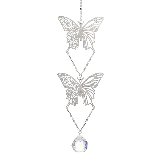 304 Stainless Steel Rose Butterfly Suncatchers, Faceted Round Glass Charm Prism for Window Decor