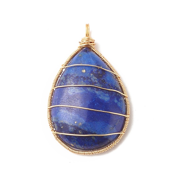 Dyed Natural Lapis Lazuli Pendants, with Copper Wire Wrapped, Teardrop Charms, Golden