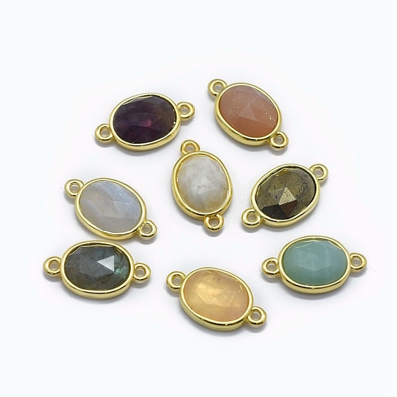 Natural Gemstone Links Connectors, with Golden Tone Brass Findings, Oval, Faceted