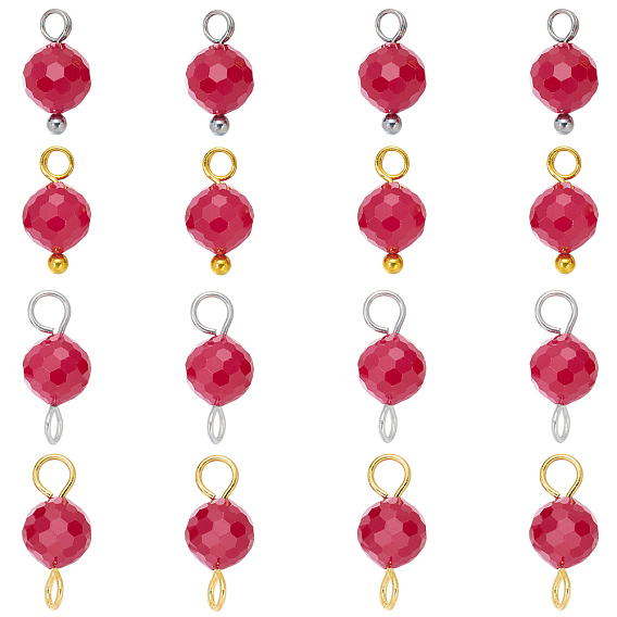 16Pcs 4 Styles Lab Grown Red Corundum Charms with July Birthstone Connector Charms, with 304 Stainless Steel Findings, Round